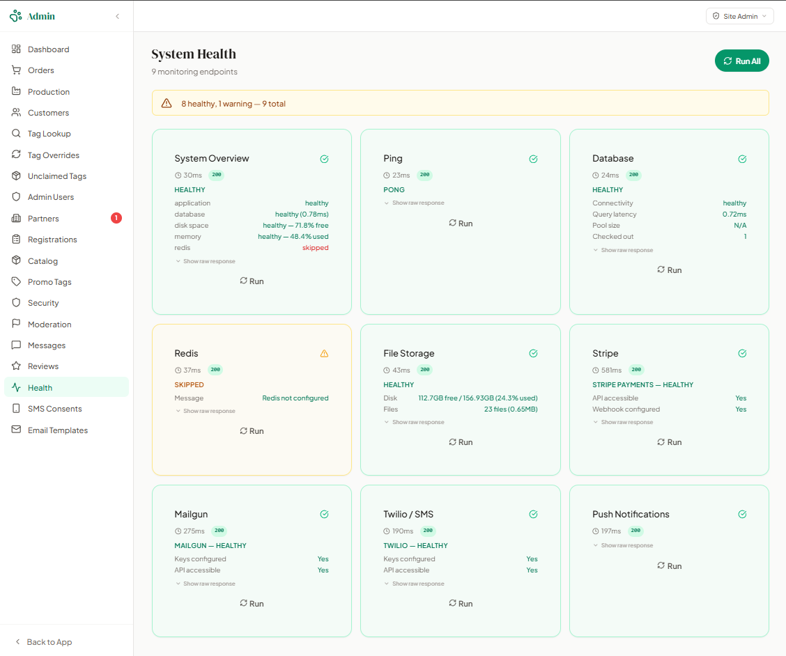 Pet-Trax system health page monitoring 9 endpoints — application, database, Redis, file storage, Stripe, MailGun, Twilio, push notifications